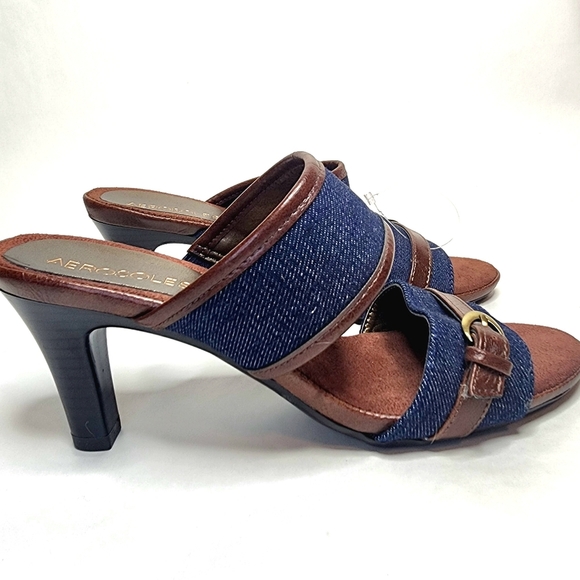 NWOT Aerosoles Trot About Denim and Leather Slide Style Heeled Sandals - Picture 1 of 6
